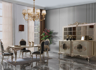 Luxury Dining set Sideboard Dining room Dining table Chairs Wood 10pcs Beige